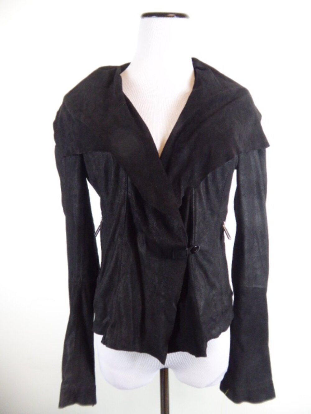 AQUA drape front button black suede leather jacket S